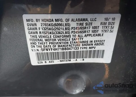 2011 Honda Pilot Ex-L из США, поврежденный, VIN 5FNYF4H71BB047133